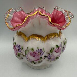 Fenton Glass Peach Crest Charleton Melon Vase Rose Bowl Crimped Ruffled